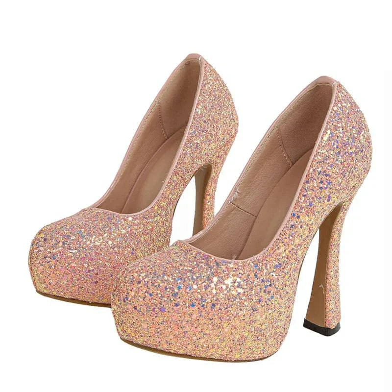 VougeVamp Sequined Cloth Platform Pumps - Round Toe High Heel Party Shoes for Women