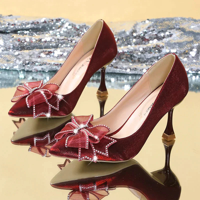 VougeVamp Rhinestone Bow Pointed Toe Stiletto Pumps – Elegant Satin Bridal & Wedding Heels - VougeVampUK