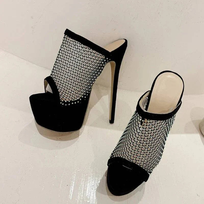 VougeVamp Crystal Mesh Platform Slippers - Peep Toe High Heel Party Shoes for Women in Black
