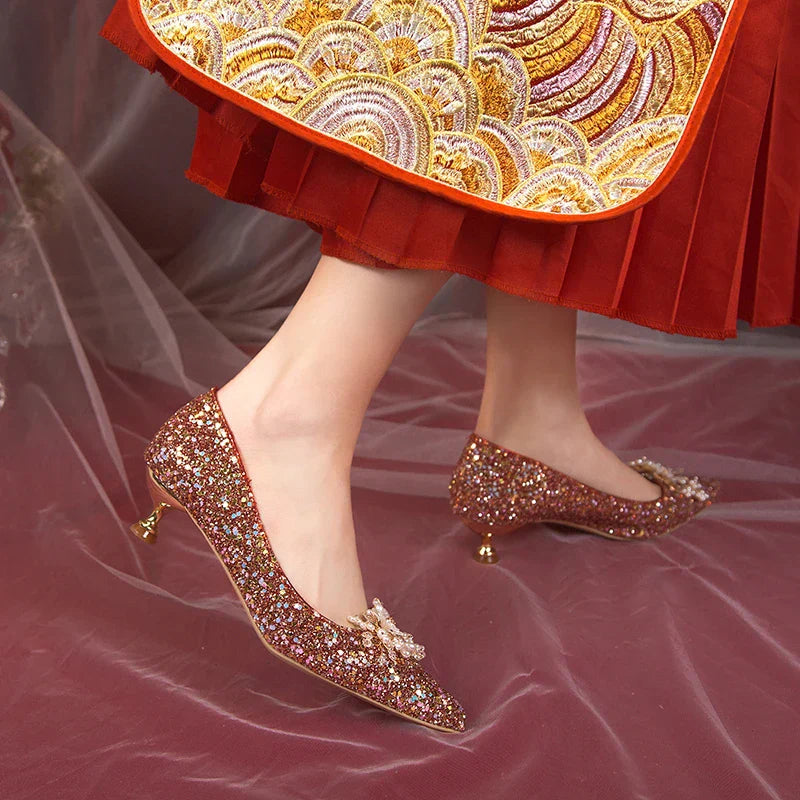 VougeVamp Pearl Flower Bridal Pumps – Elegant Bling High Heels for Weddings & Parties