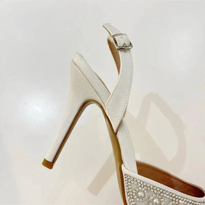 VougeVamp Women’s Crystal Pearl Pointed Toe Pumps – Elegant Slingback Heels for Weddings and Parties