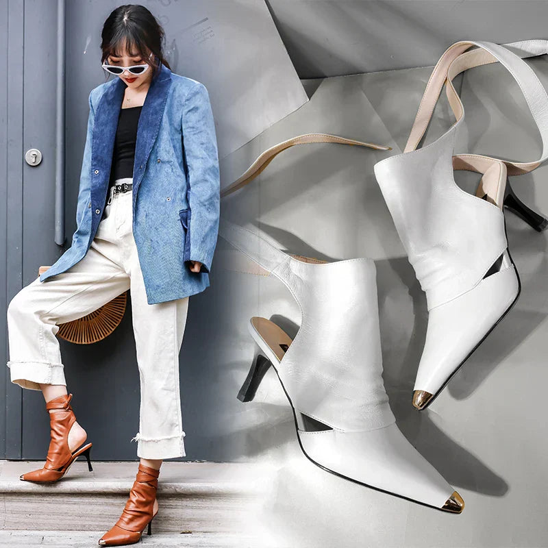VougeVamp Pointed Toe Slingback Ankle Boots – Chic Strappy High Heel Boots for Elegant & Breathable Style - VougeVampUK