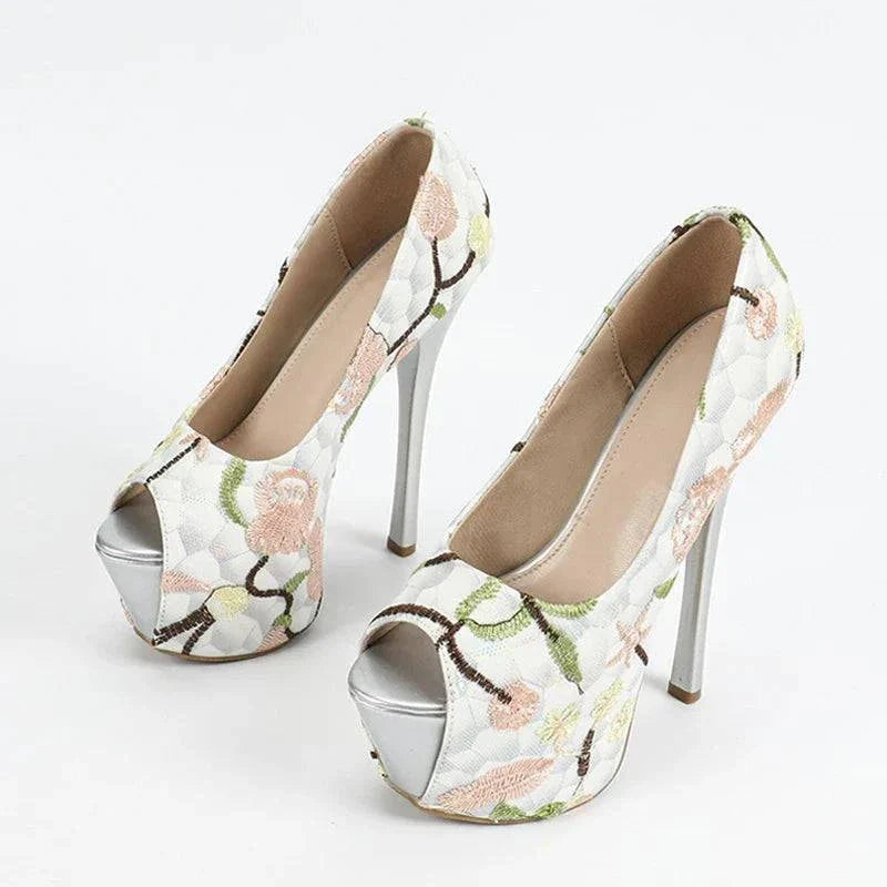 VougeVamp Embroidered Platform Pumps - Peep Toe 16CM High Heel Wedding Shoes for Women