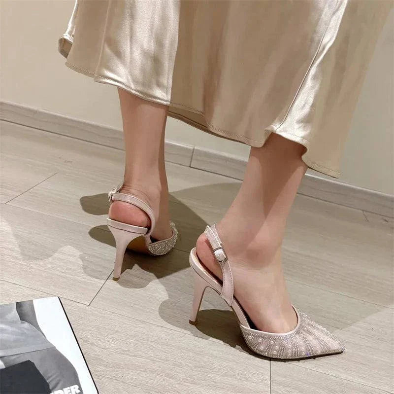 VougeVamp Women’s Crystal Pearl Pointed Toe Pumps – Elegant Slingback Heels for Weddings and Parties