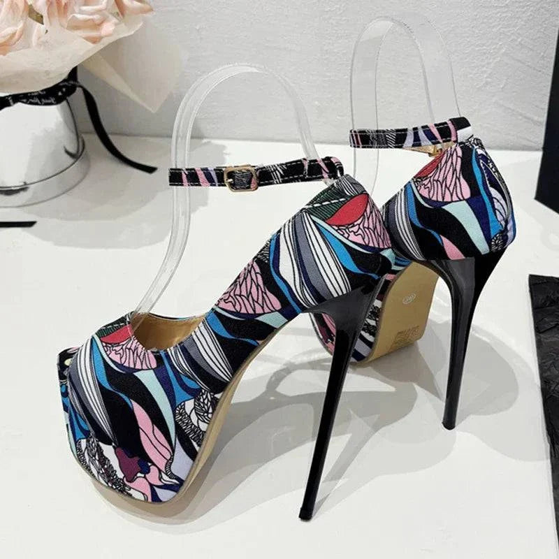 VougeVamp Hand-Painted Platform Pumps - Peep Toe High Heel Party Shoes for Women