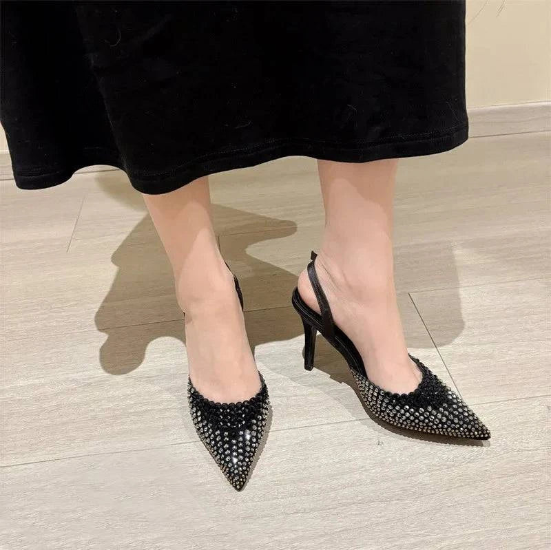 VougeVamp Black Crystal Rhinestone Slingback Pumps - Pointed Toe High Heel Party Shoes for Women