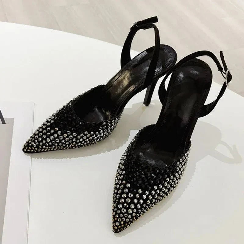 VougeVamp Black Crystal Rhinestone Slingback Pumps - Pointed Toe High Heel Party Shoes for Women