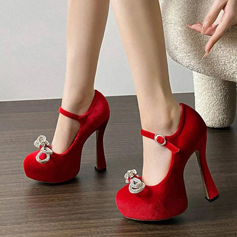 VougeVamp Rhinestone Crystal Bowknot Platform Pumps - Round Toe 13CM High Heel Wedding Shoes for Women