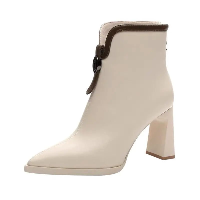 VougeVamp Leather High-Heeled Ankle Boots – Pointed Toe Winter Booties with Back Zip - VougeVampUK