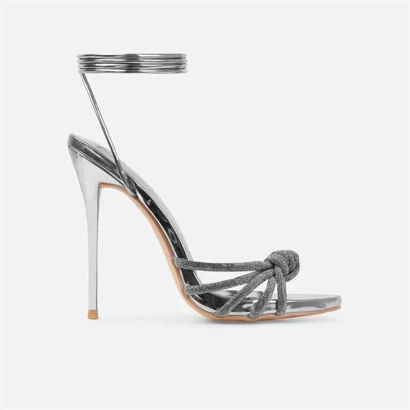 VougeVamp Silver Crystal Narrow Band Sandals - Open Toe High Heel Party Shoes for Women
