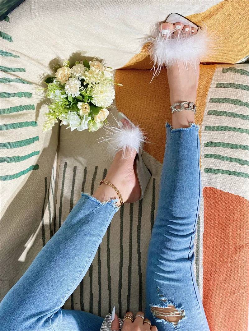 VougeVamp Blue Fluffy Feather Wedge Slippers - Pointed Toe High Heel Summer Sandals for Women