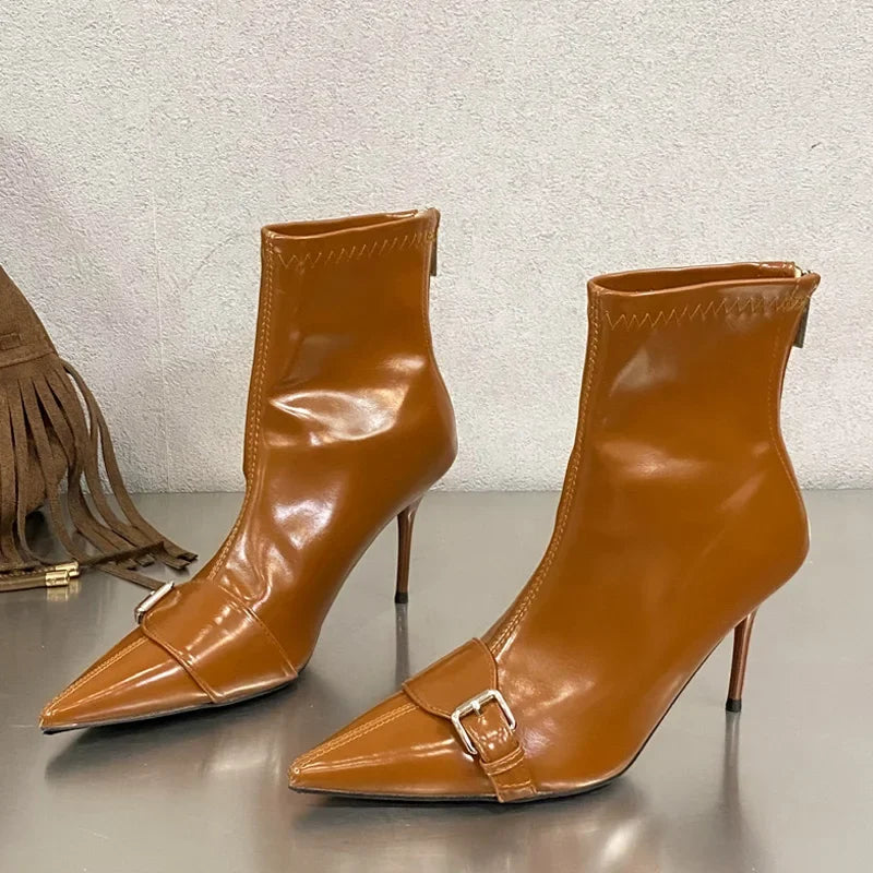 Handmade Slim-Fit Pointed Toe Women’s Ankle Boots with Zipper and Belt Buckle, Thin High Heels
