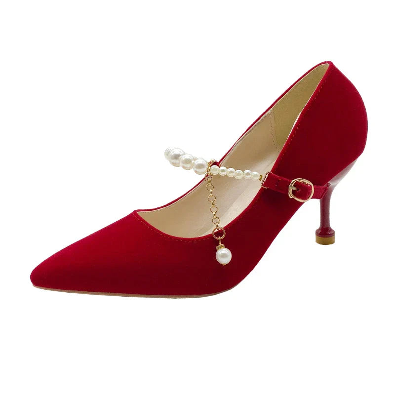 Women's Suede Pointed Toe High Heels – Elegant Embroidered Bridal & Banquet Pumps with Metal Detail