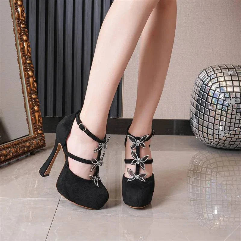 VougeVamp Crystal Rhinestone Butterfly Platform Pumps - Round Toe High Heel Dress Shoes for Women