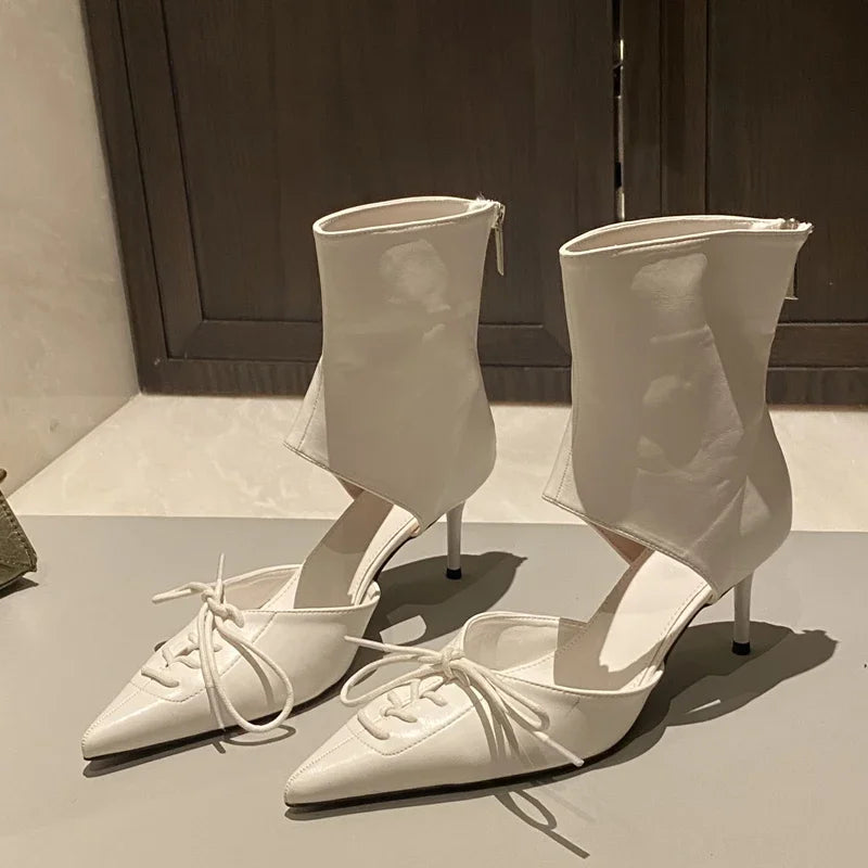 VougeVamp Women's Butterfly Knot Ankle Boots – Pointed Toe Thin Heel Boots with Zipper Closure