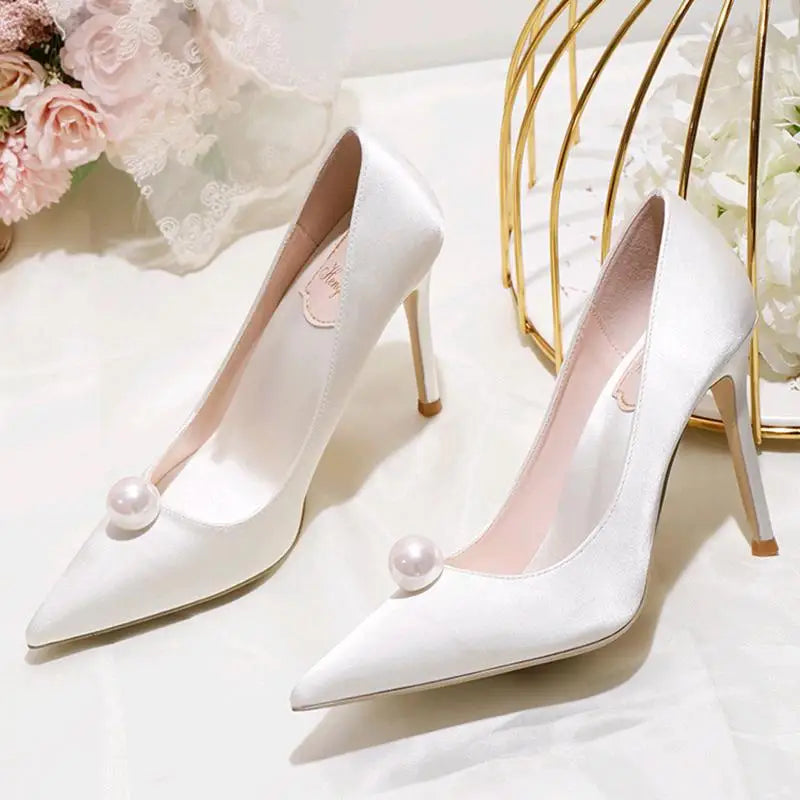 VougeVamp Women's Pearl Pointed Toe Stiletto Heels – Elegant Bridal & Wedding Pumps