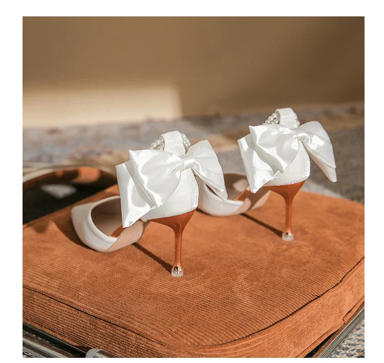 VougeVamp Pearl Butterfly High Heels – Elegant Pointed Toe Hollow Sandals for Weddings & Special Occasions