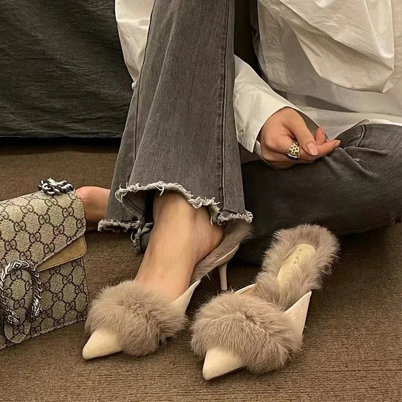 VougeVamp Women's Pointed Toe Fur Mules – Elegant High Heel Slippers for Office & Fashion Wear