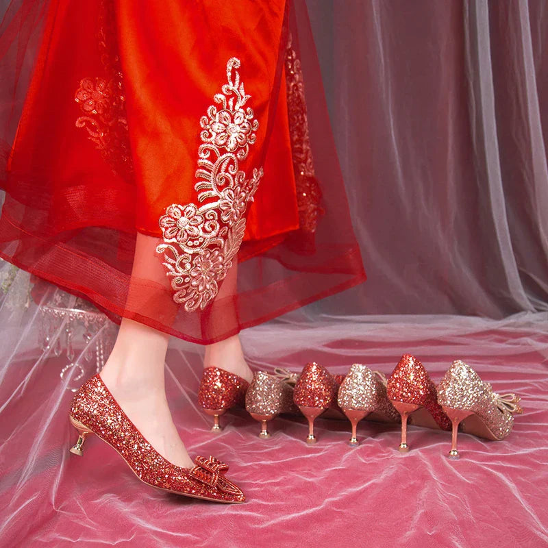 VougeVamp Handmade Crystal Bow Bridal Pumps – Glitter High Heels for Weddings & Parties