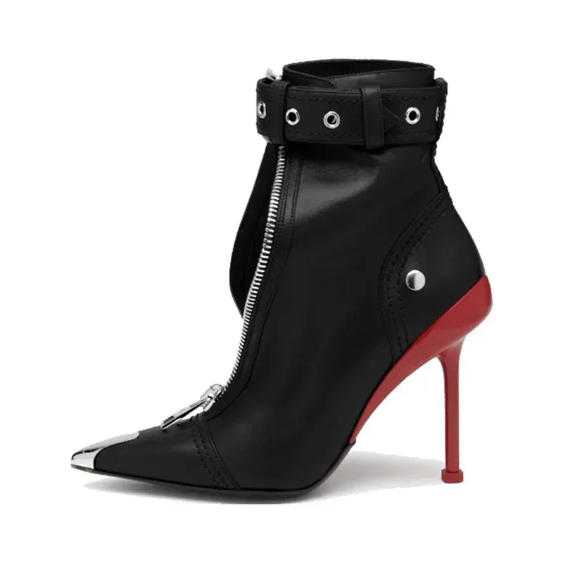 Handmade Women's Red High-Heeled Ankle Boots with Belt Buckle, Front Zipper, Pointed Toe, and Metallic Accent - VougeVampUK