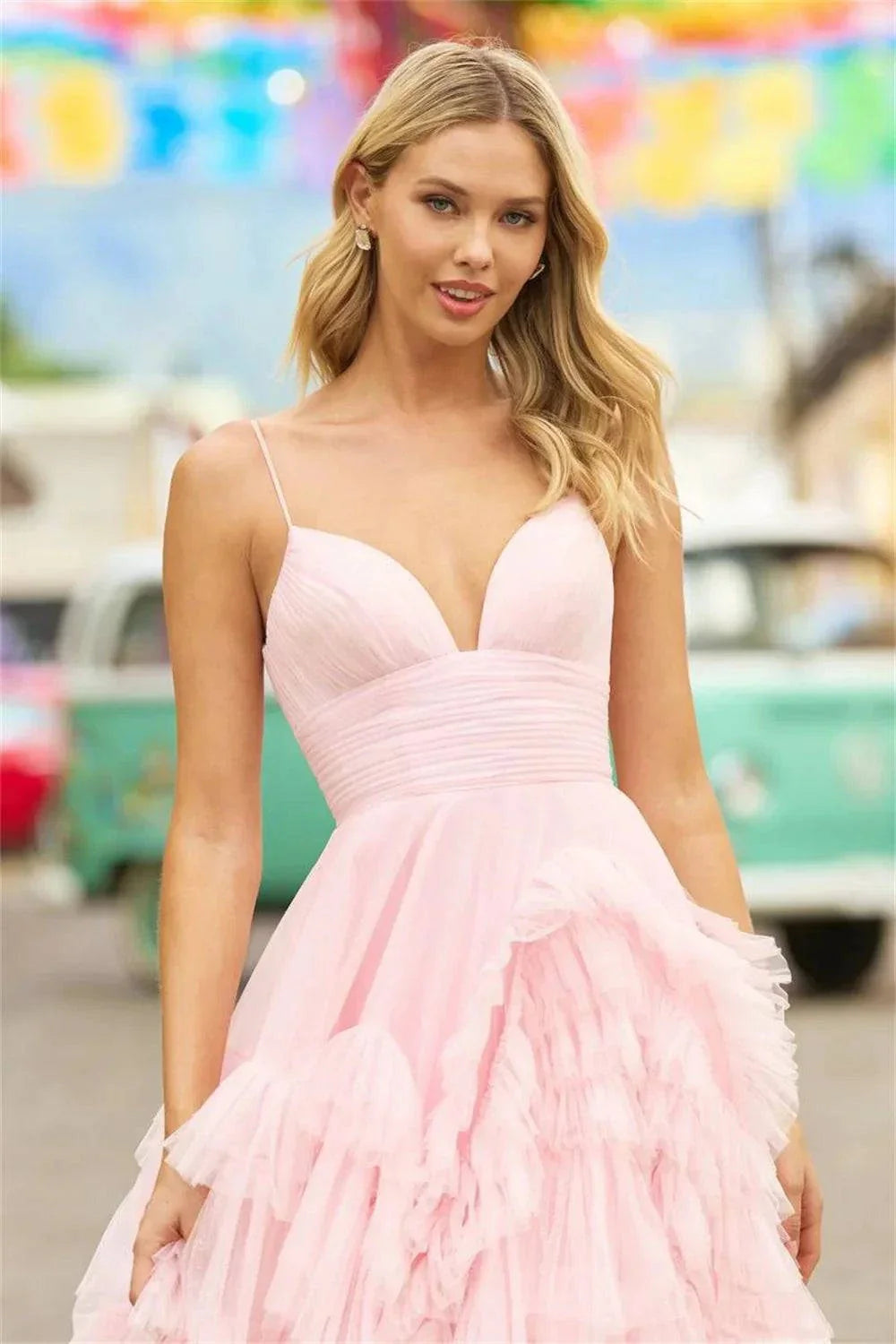 VougeVamp Baby Pink Multilayer Prom Dress - Princess Tulle A-Line Evening Gown with Sweep Train - VougeVampUK