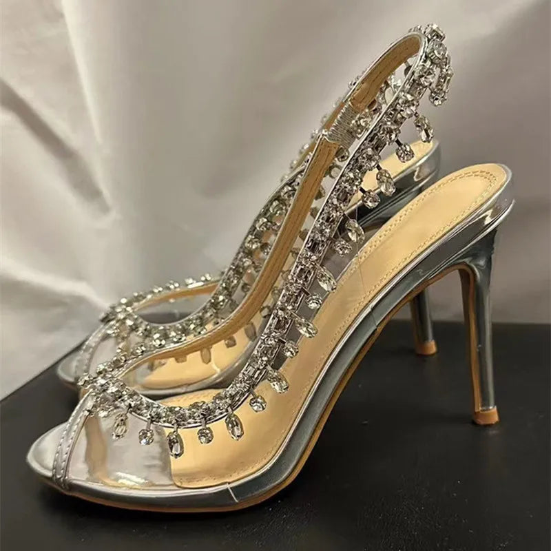 VougeVamp Luxury Crystal Tassel Slingback Pumps – Transparent PVC Peep-Toe High Heels for Weddings & Parties - VougeVampUK