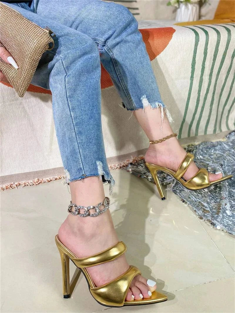 VougeVamp Gold Pointed Toe High Heel Slippers - PU Leather Summer Party Sandals for Women