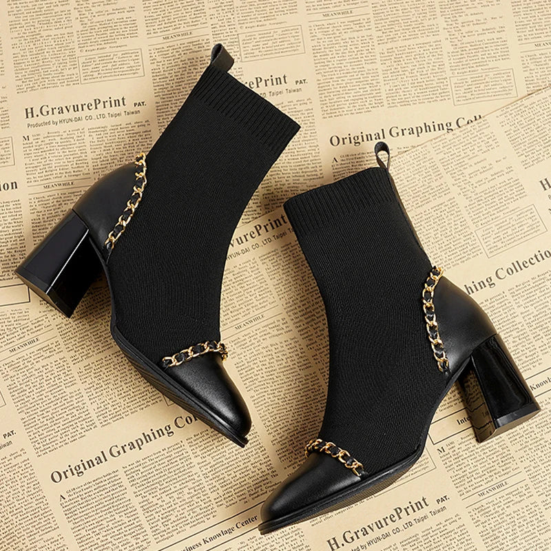 VougeVamp Women's Knitted Chain Sock Boots – Trendy Chunky Heel Winter Ankle Boots - VougeVampUK