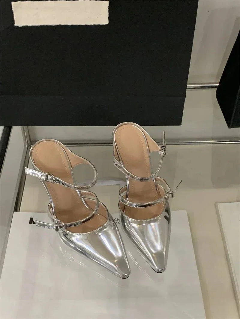 VougeVamp Women’s Transparent Wedge Slippers – Patent Leather Pointed Toe Mules with Buckle Strap for Parties and Summer Events