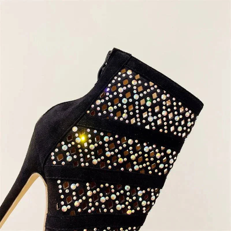 VougeVamp Rhinestone Mesh Ankle Boots - Peep Toe Platform High Heel Booties for Women