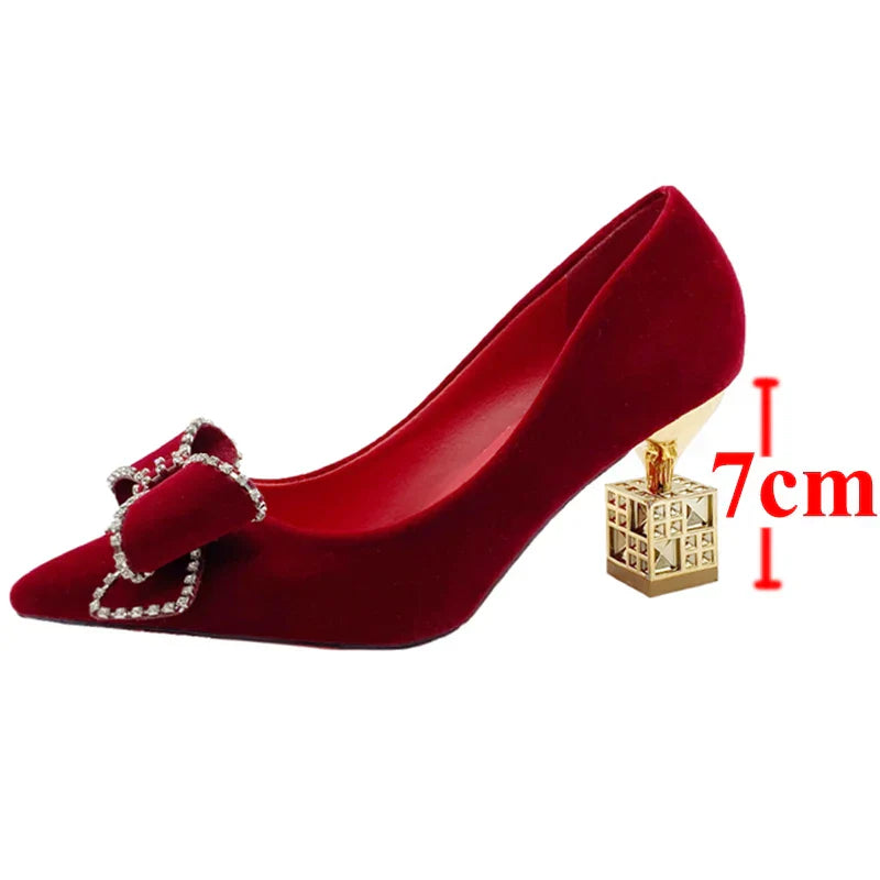 VougeVamp Red Bowtie Crystal High Heel Pumps – Elegant Slip-On Bridal & Party Shoes
