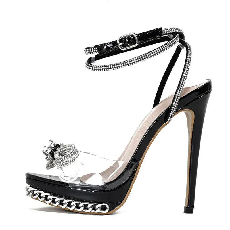 VougeVamp Crystal Bowknot Transparent Sandals - Silver Chain High Heel Platform Shoes for Women