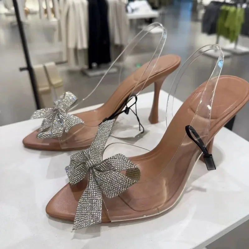 Luxury Rhinestone Bow Transparent Slingback Sandals - Elegant Pointed Toe High Heels for Bridal Weddings - VougeVampUK