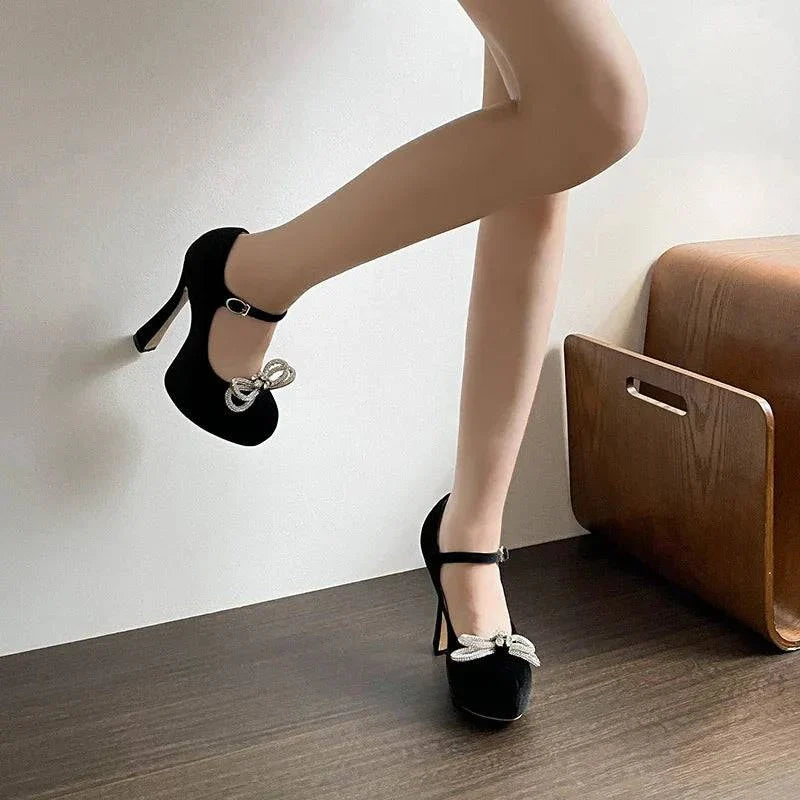 VougeVamp Rhinestone Crystal Bowknot Platform Pumps - Round Toe 13CM High Heel Wedding Shoes for Women