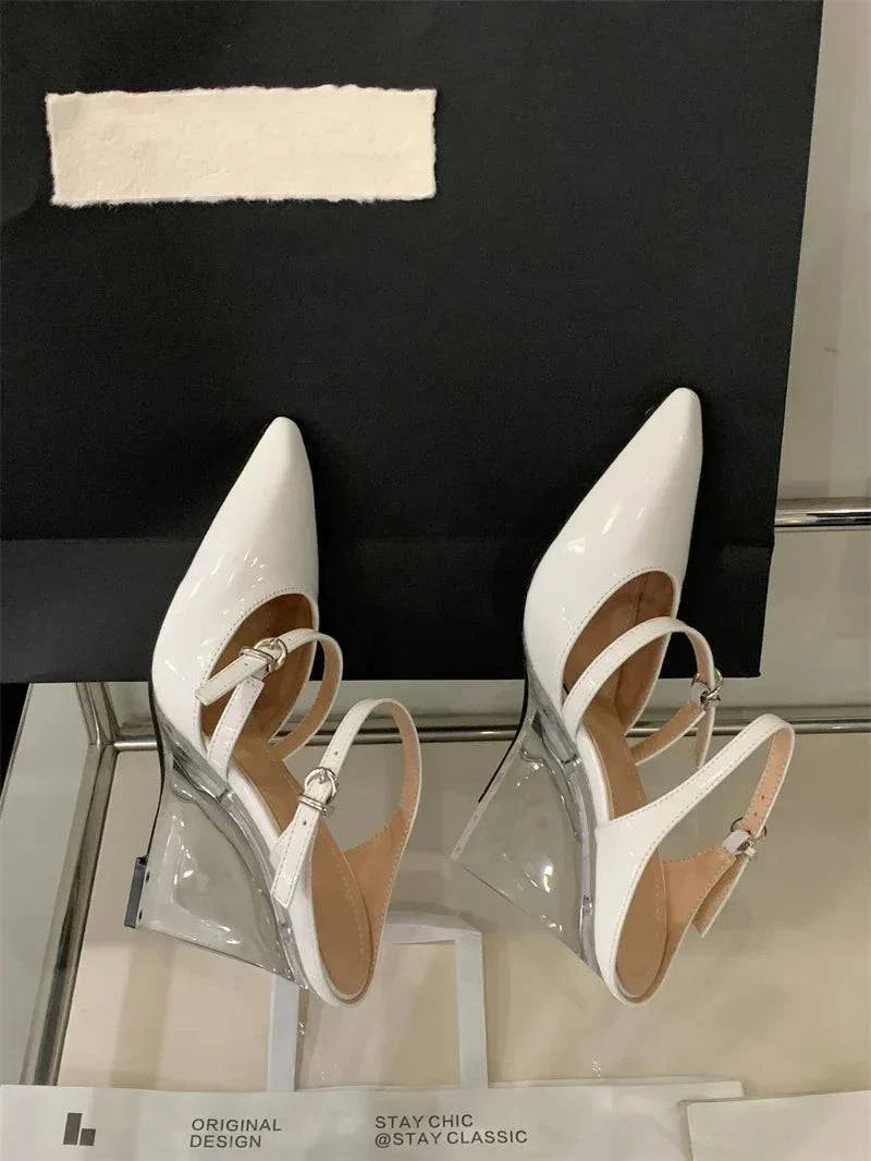 VougeVamp Women’s Transparent Wedge Slippers – Patent Leather Pointed Toe Mules with Buckle Strap for Parties and Summer Events