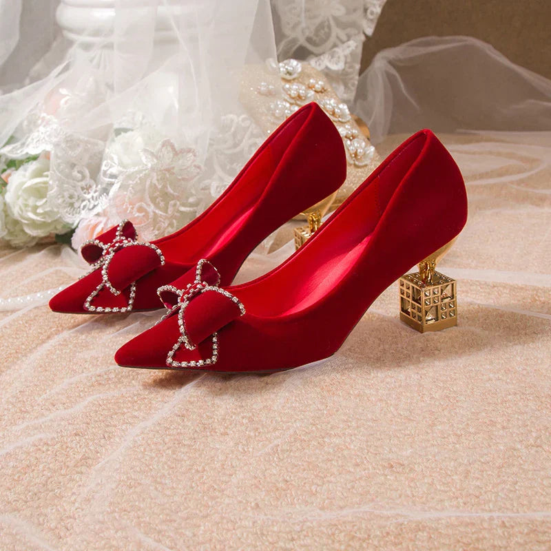 VougeVamp Red Bowtie Crystal High Heel Pumps – Elegant Slip-On Bridal & Party Shoes