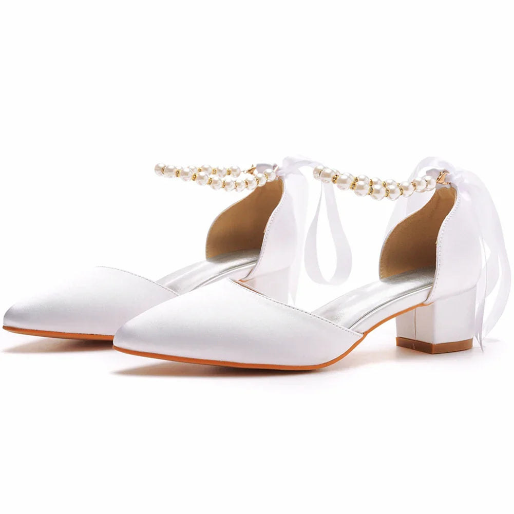 VougeVamp Handmade Silk Beaded Bridal Pumps – Pointed Toe Buckle Strap Sandals with Thick High Heels