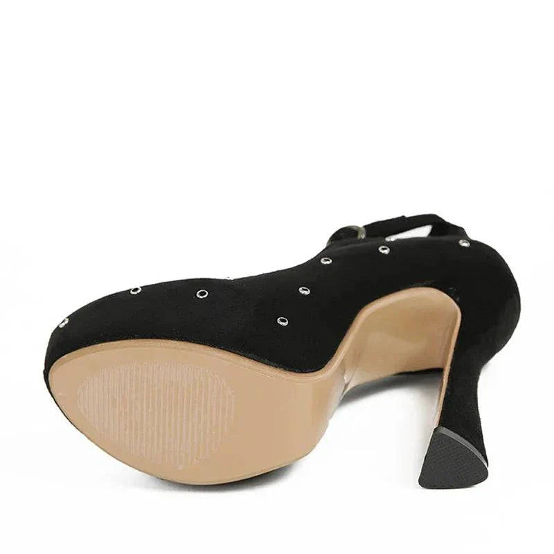 VougeVamp Women’s Round Toe Ankle Buckle Strap Pumps – Metal Rivet Designer High Heels for Parties and Events