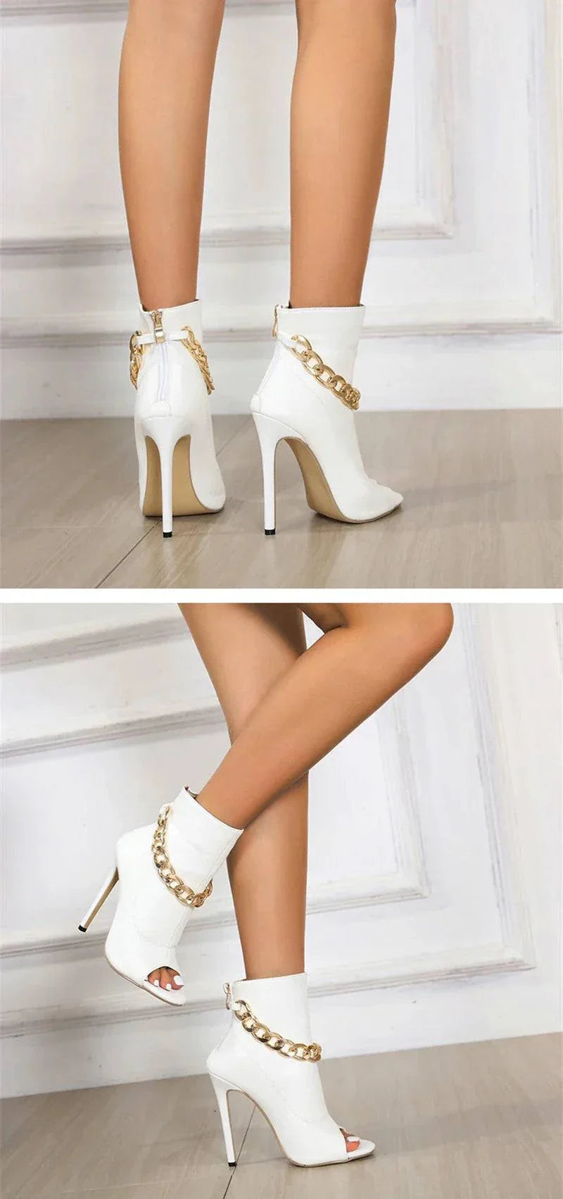 VougeVamp White Leather Ankle Sandal Boots - Peep Toe High Heel Pumps with Metal Chain