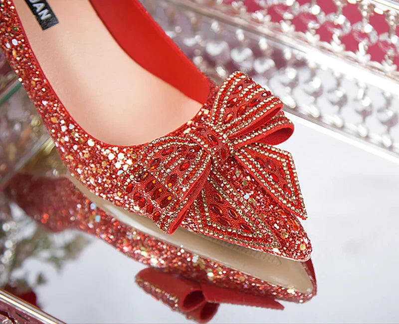 VougeVamp Handmade Crystal Bow Bridal Pumps – Glitter High Heels for Weddings & Parties