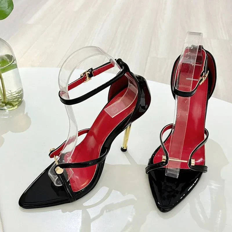VougeVamp Gold Silver Ankle Cover Strap Sandals - Pointed Open Toe High Heel Party Shoes for Women