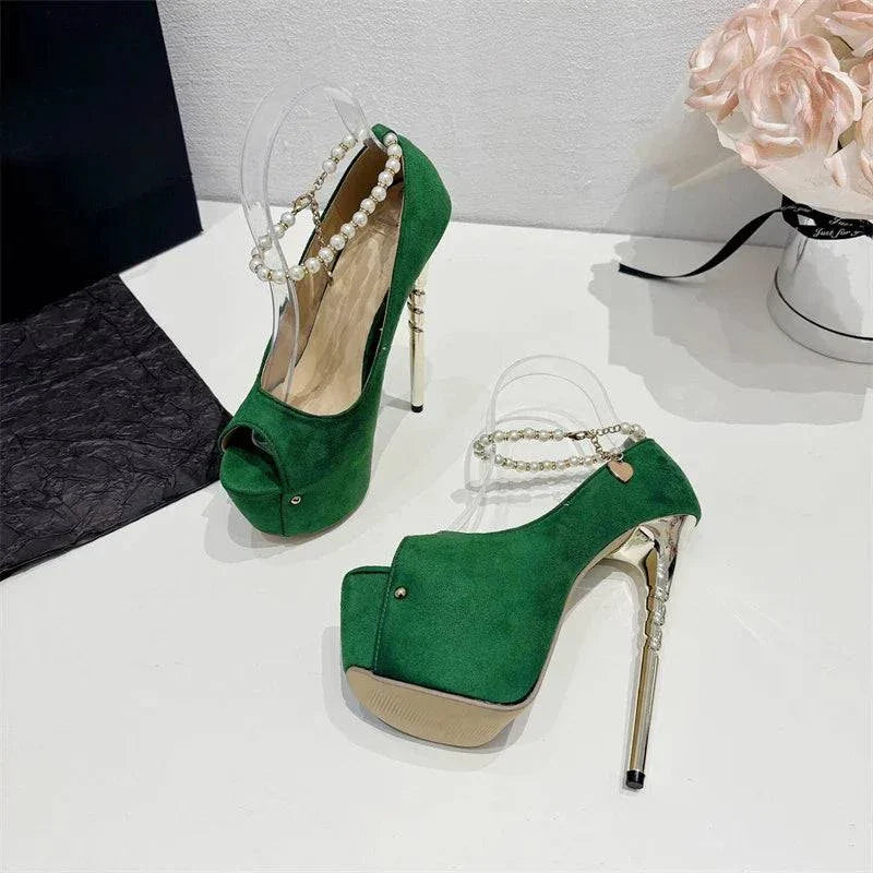 VougeVamp Green String Bead Platform Pumps - Peep Toe High Heel Wedding Shoes for Women