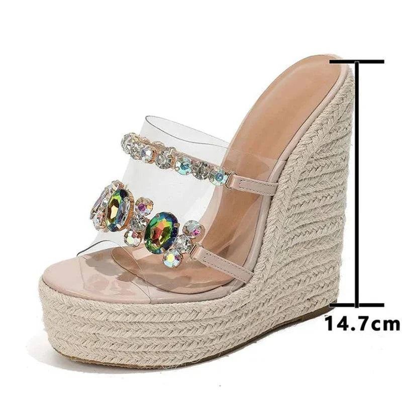 VougeVamp Transparent PVC Wedge Slippers - Crystal Chain Open Toe Platform High Heel Sandals for Women