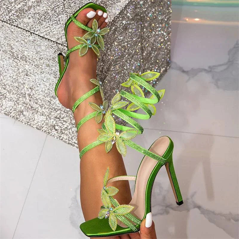 VougeVamp Women’s Crystal Butterfly Ankle Strap Sandals – Sexy Square Toe Green High Heels for Weddings and Banquets
