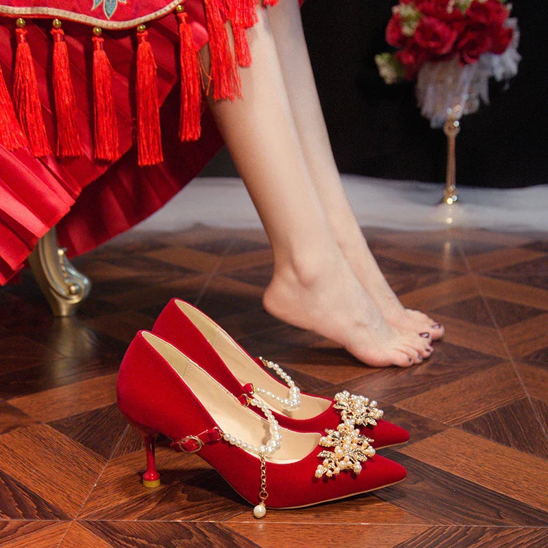 Women's Suede Pointed Toe High Heels – Elegant Embroidered Bridal & Banquet Pumps with Metal Detail