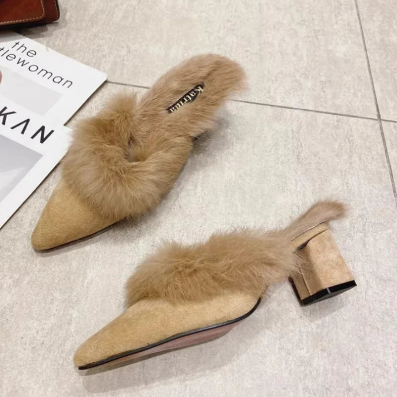 VougeVamp Women's Fluffy Fur High Heel Slippers – Cozy Plush Indoor Winter House Shoes