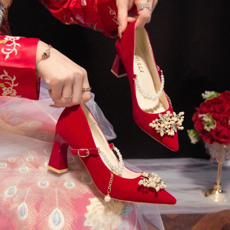 Women's Suede Pointed Toe High Heels – Elegant Embroidered Bridal & Banquet Pumps with Metal Detail