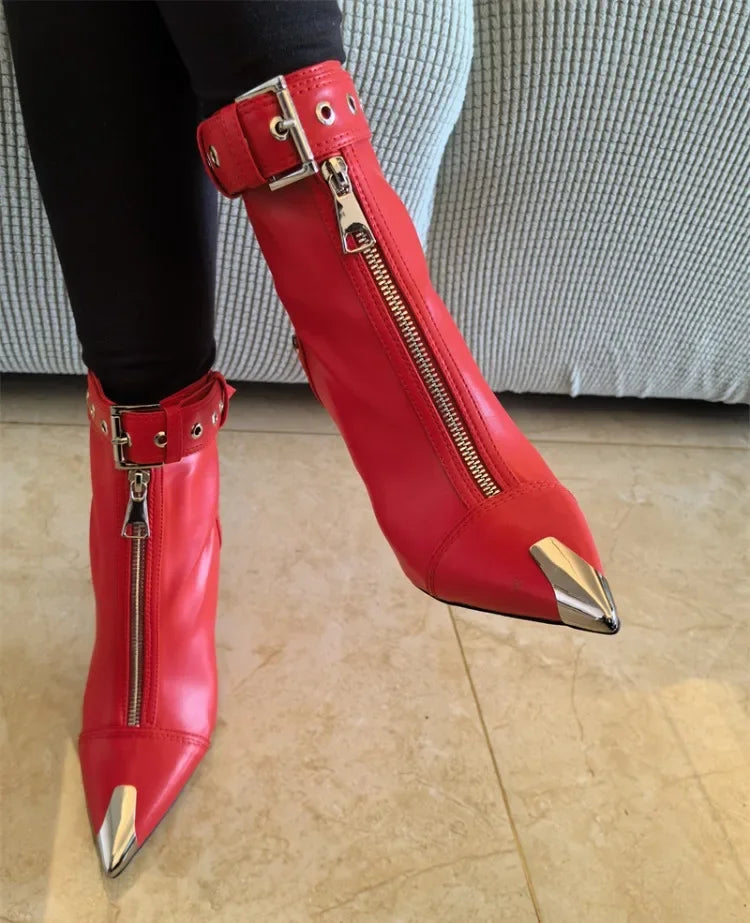 Handmade Women's Red High-Heeled Ankle Boots with Belt Buckle, Front Zipper, Pointed Toe, and Metallic Accent - VougeVampUK