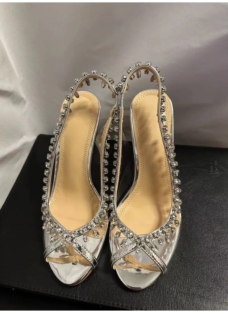 VougeVamp Luxury Crystal Tassel Slingback Pumps – Transparent PVC Peep-Toe High Heels for Weddings & Parties - VougeVampUK