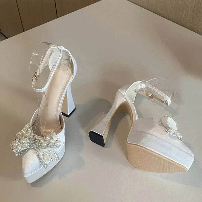 VougeVamp White Pearl Bowknot Platform Pumps - Pointed Toe High Heel Party Shoes for Women